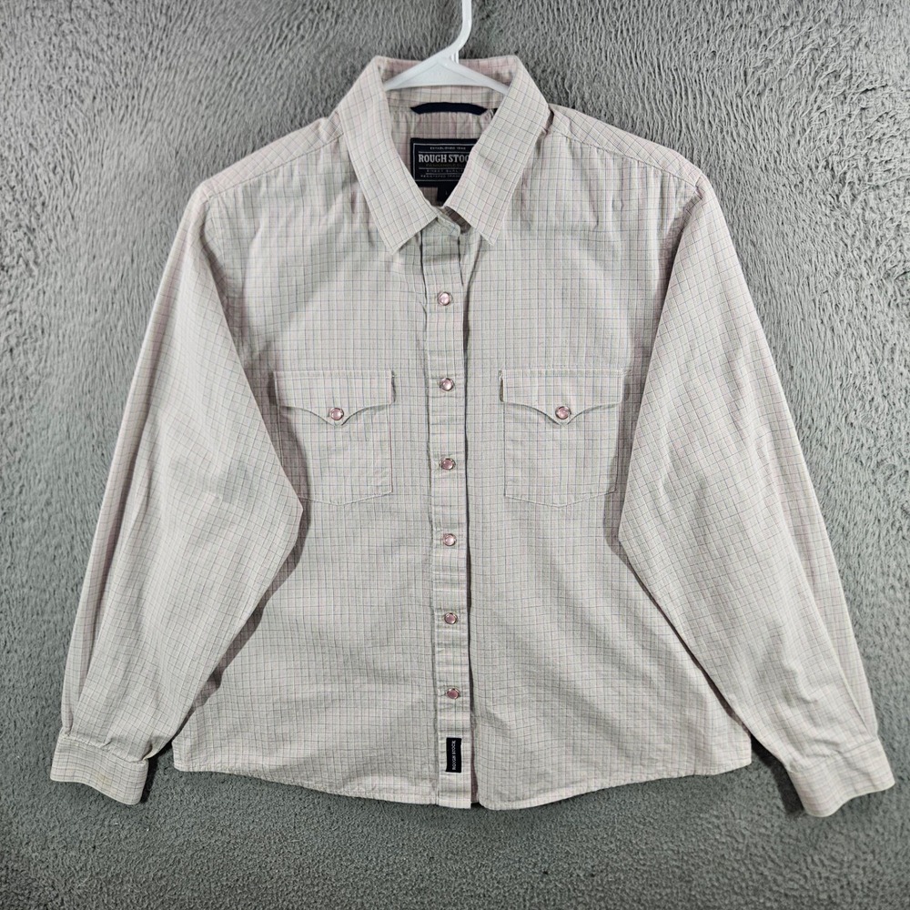 Rough Stock Panhandleโ Slim Womens Plaid Western Pearl Snap Shirt Tan L